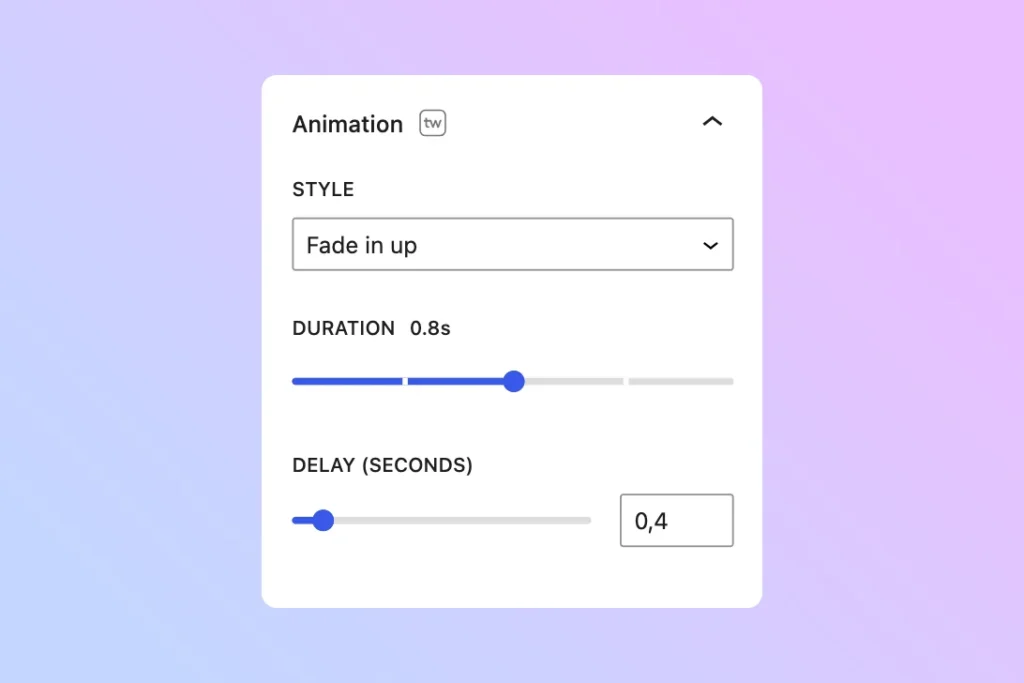تصميم المواقع في ووردبريس باستخدام محرر غوتنبرغ: أفضل الإضافات المجانية 16 twentig animation panel